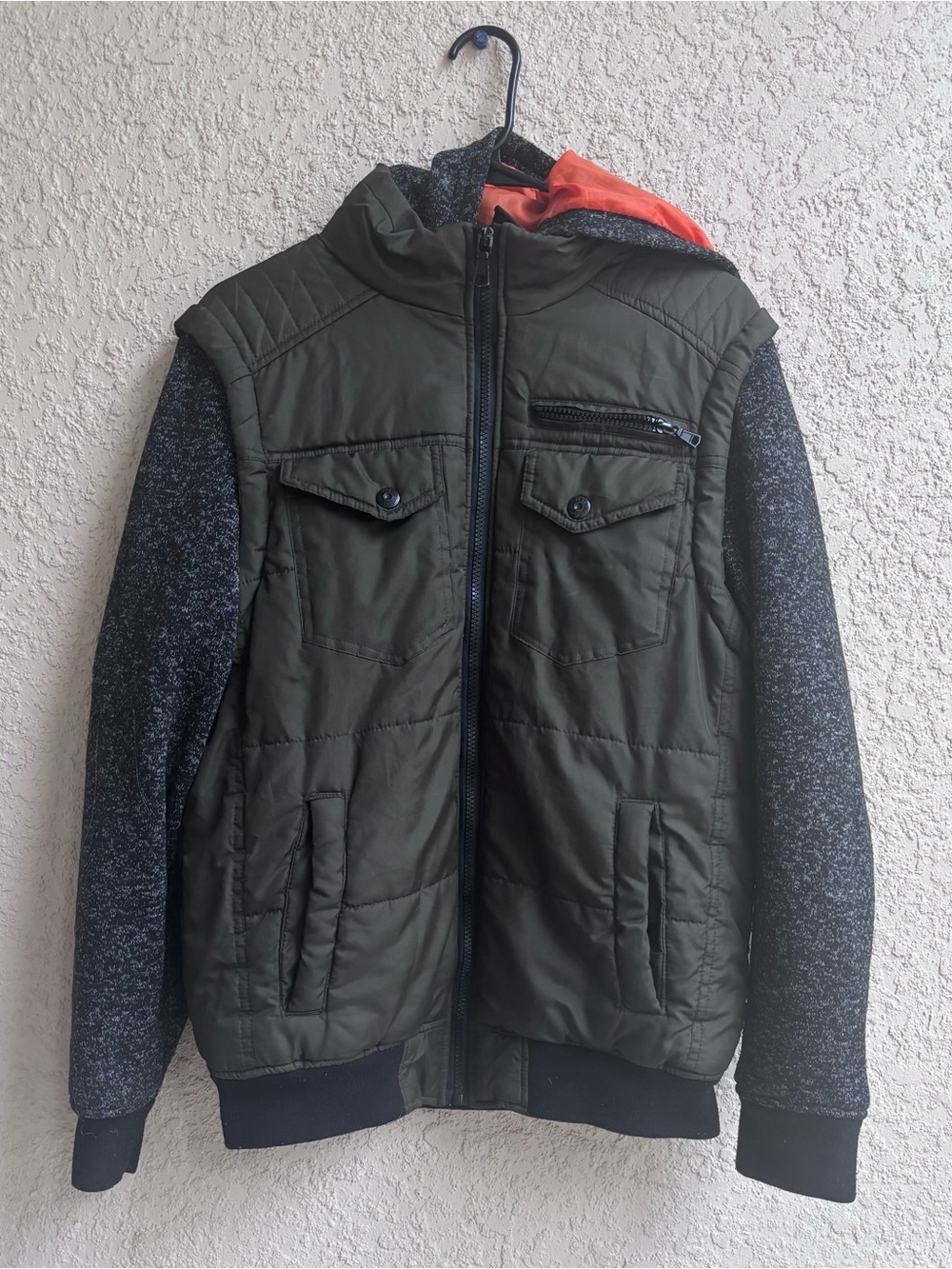 Men's Olive Quilted Hooded Jacket with Charcoal Knit Sleeves